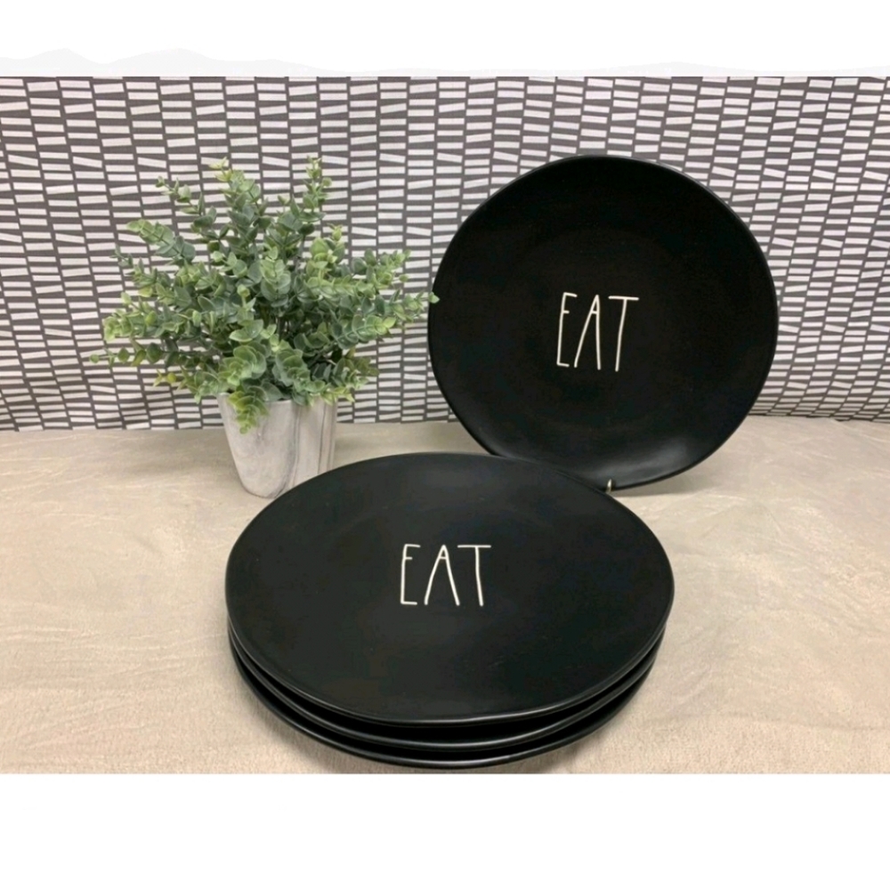 Set of 4 black ceramic Rae Dunn EAT Plates - Picture 2 of 5